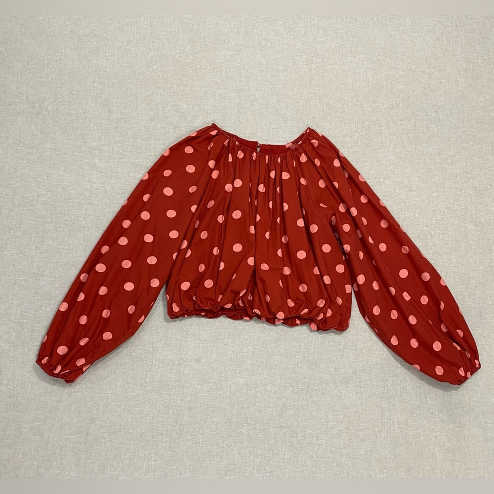 Anthropologie Maeve Red Poplin Bubble Blouse Sz S Pink Polka Dot Cropped Boho